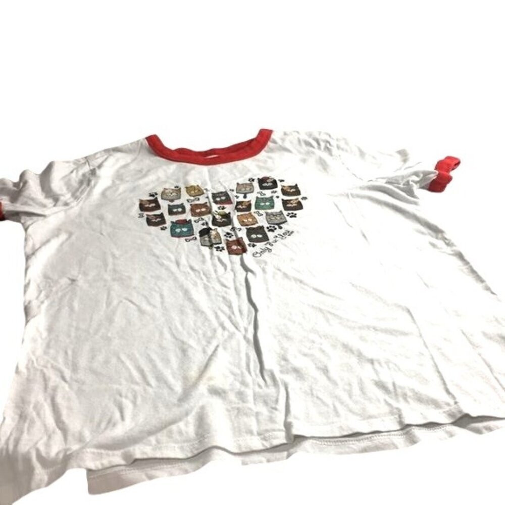 BOBS From Skechers Girls T-Shirt White Red Trim Multicolored Cats Size S